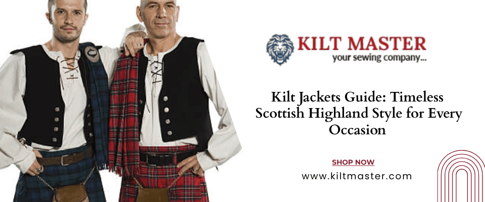 Men wearing Scottish kilt jackets in Highland traditional style